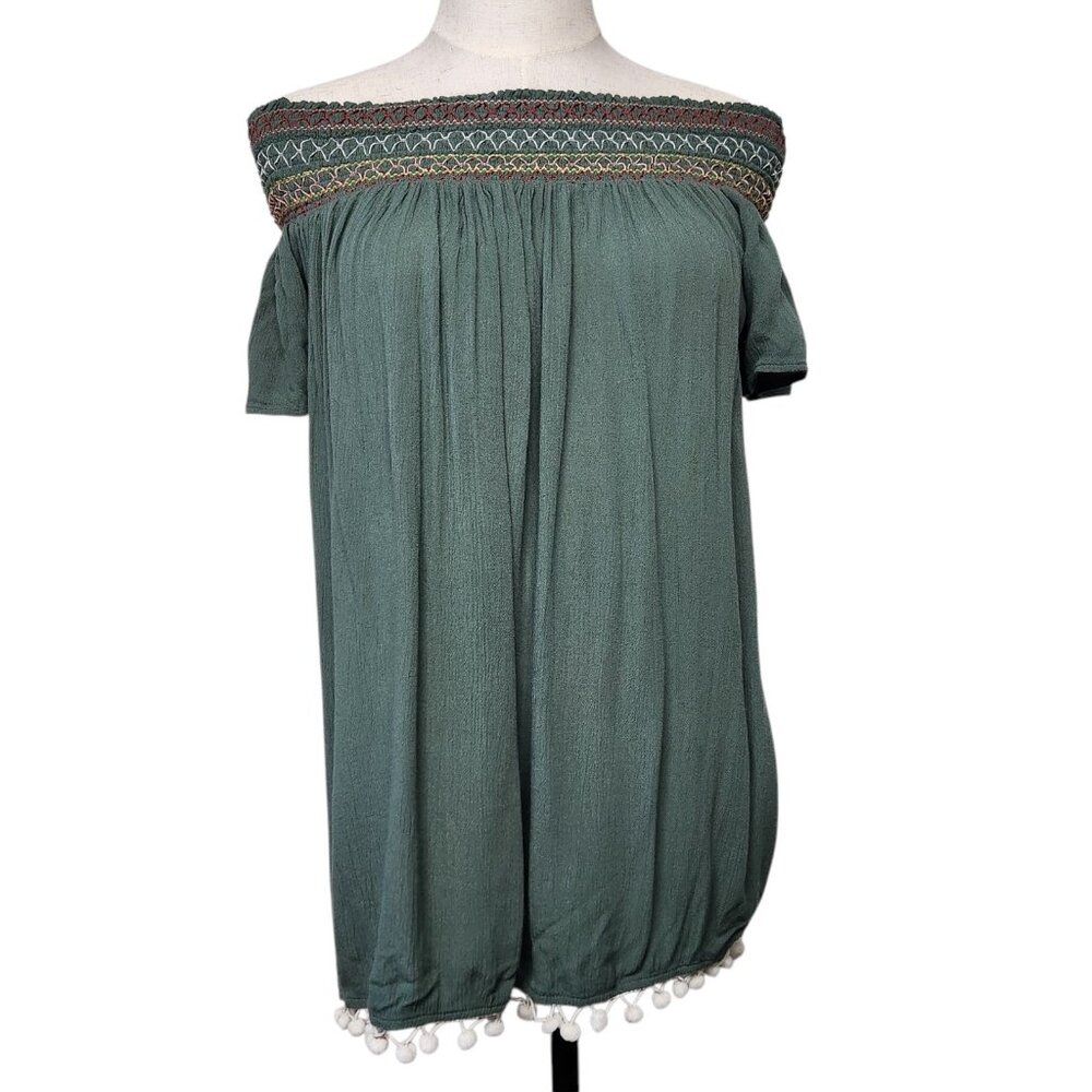 Francesca's Swim Size Small Off Shoulder Cover Up Peasant Top Green Embellished